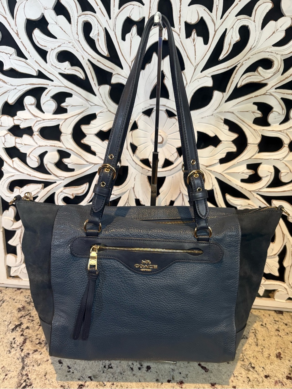 Coach Blue Kleo Carryall Satchel #C5689 Pebble & Suede Tote with Gold Hardware